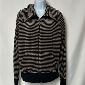 Calvin Klein Women’s Size Large Black Brown Striped Velour Performance Jacket
